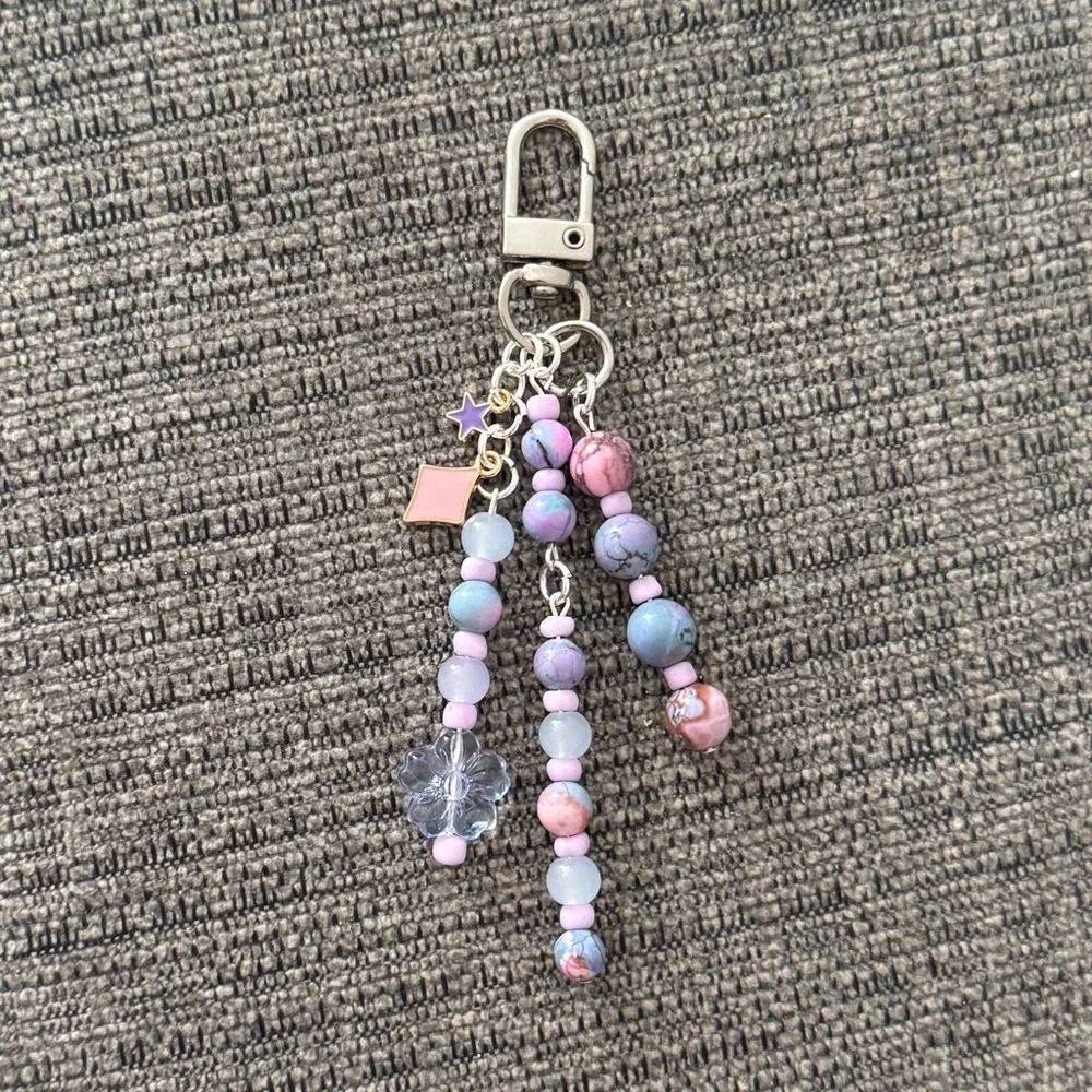 Stunning Pink & Purple Swirl Beaded Bag Charm Keychain with Floral Detail